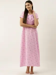 ETC Women Pink & Purple Embroidered Floral Maxi Nightdress