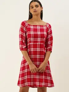 AND Red & White Checked Boat Neck A-Line Dress