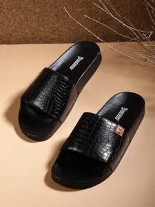 Roadster Men Black Croc Textured Sliders