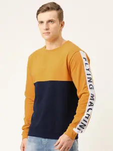 Flying Machine Men Mustard Yellow & Navy Blue Colourblocked Pullover Sweatshirt