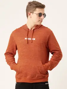 Flying Machine Men Rust Orange Solid Hooded Pullover Sweatshirt with Printed Detail