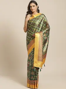 Saree mall Olive Green & Golden Checked Saree