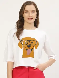 ANVI Be Yourself Women White  Mustard Yellow Dog Printed Round Neck Boxy Crop Pure Cotton T-shirt