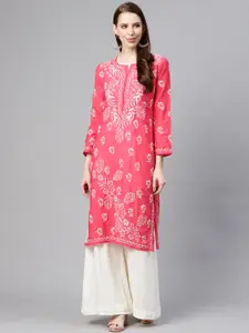 ADA Women Pink & White Chikankari Hand Embroidered Straight  Kurta