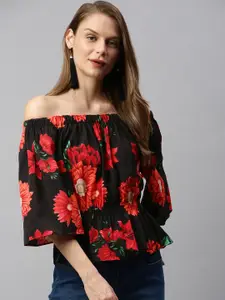 RHHENSO Women Black & Red Floral Printed Vegan Smocked Bardot Top