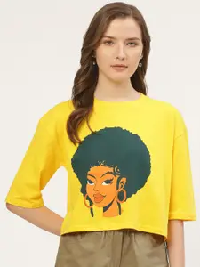 ANVI Be Yourself Women Yellow Graphic Print Round Neck Crop Boxy T-shirt