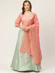 Shaily Sea Green & Pink Woven Design Semi-Stitched Lehenga & Blouse with Dupatta