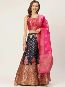 Shaily Navy Blue & Pink Zari Woven Design Semi-Stitched Lehenga & Blouse with Dupatta