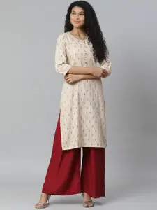 Rangriti Women Beige & Red Woven Design Straight Kurta