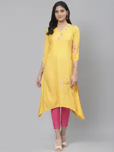 Rangriti Women Yellow Floral Embroidered Detail Woven Design Asymmetric A-Line Kurta