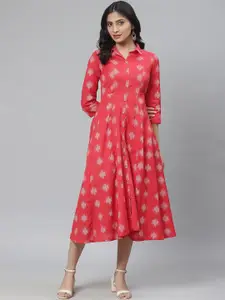 Rangriti Women Pink & Off-White Cotton Self Design Midi Shirt Dress