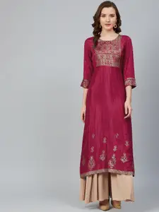 Rangriti Women Magenta & Golden Printed A-Line Kurta