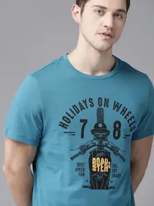 Roadster Men Teal Blue & Black Biiker Print Round Neck Pure Cotton T-shirt
