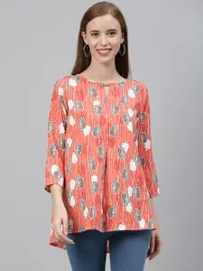 Global Desi Women Coral Red & White Floral Printed A-Line Top