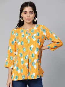 Global Desi Women Mustard Yellow & Blue Printed A-Line Top