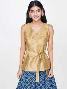 Global Desi Women Gold-Toned Solid Longline Top with Waist Tie-Ups
