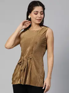 Global Desi Women Copper-Toned Solid Accordion Pleated Top With Waist Tie-Up