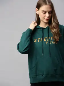 Flying Machine Women Green Printed Hooded Pullover Sweatshirt