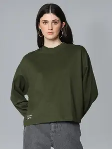 Flying Machine Women Olive Green Solid Sweatshirt with Print Detail
