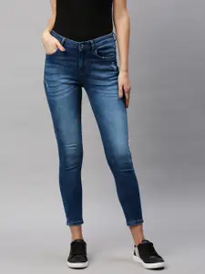 Flying Machine Women Blue Veronica Skinny Fit Mid-Rise Low Distress Stretchable Crop Jeans