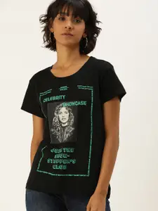 Flying Machine Women Black Printed Round Neck Pure Cotton T-shirt