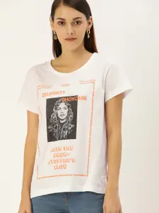 Flying Machine Women White Printed Round Neck Pure Cotton T-shirt