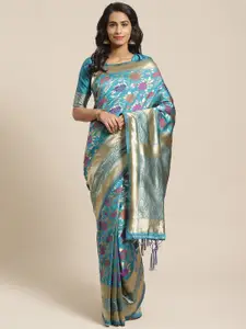 Saree mall Teal Blue & Golden Floral Woven Design Banarasi Saree