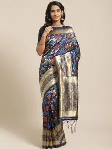 Saree mall Navy Blue & Golden Floral Woven Design Banarasi Saree