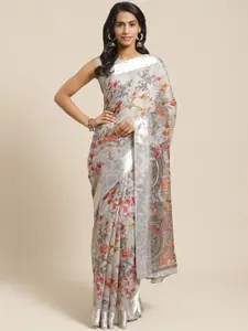 Saree mall Grey & Rust Orange Floral Printed Saree