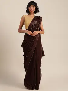 Mitera Coffee Brown Solid Pure Georgette Saree with Embellishments