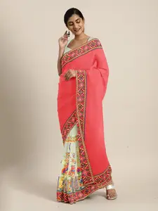 Mitera Pink & Off-White Pure Georgette Kutchi Embroidered Saree