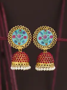 Sukkhi Gold-Plated & Blue Pearl Embellished Dome Shaped Jhumkas