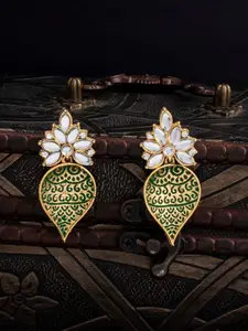 Sukkhi Green & Gold-Plated Handcrafted Kundan Teardrop Shaped Drop Earrings