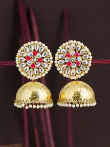 Sukkhi Pink Gold-Plated Handcrafted Kundan & Pearls Dome Shaped Jhumkas