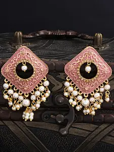Sukkhi Pink & Gold-Plated Filigree Pearls Geometric Drop Earrings