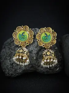 Sukkhi Gold-Plated & Green Meenakari Dome Shaped Jhumkas