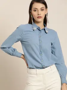 all about you Women Blue Slim Fit Solid Casual Shirt