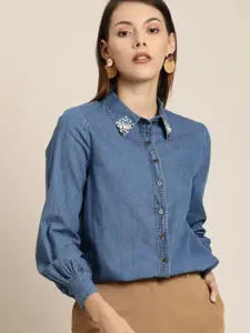 all about you Women Blue Regular Fit Solid Casual Shirt