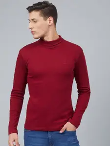 CHKOKKO Men Maroon Solid Turtle Neck T-shirt