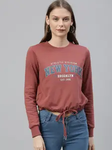 ONLY Women Maroon Printed Cropped Pullover Sweatshirt