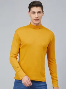 CHKOKKO Men Mustard Yellow Solid High Neck T-shirt