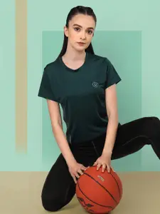 CHKOKKO Women Teal Green Solid Round Neck Training T-shirt