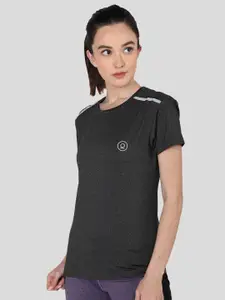 CHKOKKO Women Charcoal Grey Solid Round Neck Yoga T-shirt