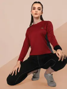 CHKOKKO Women Red & Grey Colourblocked Round Neck Yoga T-shirt