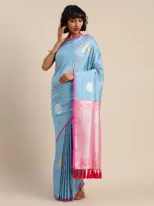 VASTRANAND Blue & Pink Silk Blend Checked Banarasi Saree