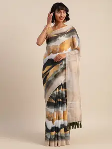 VASTRANAND Beige & White Linen Blend Printed Banarasi Saree