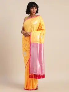 VASTRANAND Yellow & Pink Silk Blend Checked Banarasi Saree
