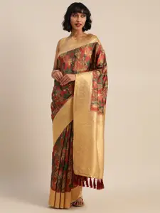 VASTRANAND Brown & Golden Silk Blend Kalamkari Printed Festive Saree