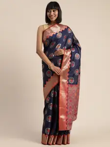 Mitera Navy Blue & Orange Poly Silk Woven Design Banarasi Saree