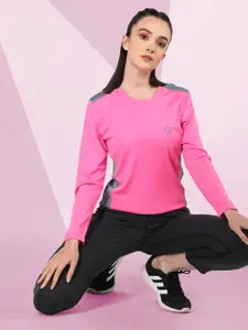 Chkokko Women Pink & Grey Solid Round Neck Yoga T-shirt